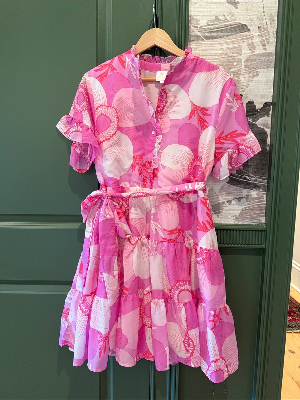 Women’s Fuschia/White Short Floral Tiered Dress with Tie Waist